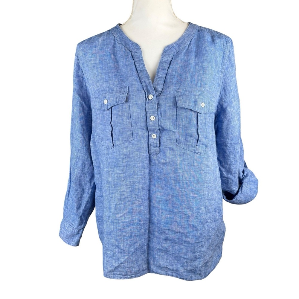 Talbots Womens Shirt Blouse Linen Popover XLP Blue Coastal Beach